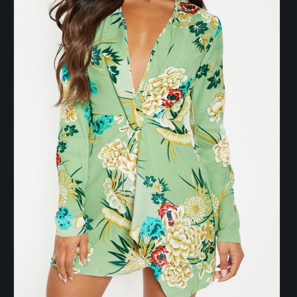 Prettylittlething Dresses | Sage Green Printed Long Sleeve Wrap Dress | Color: Green | Size: 4 | Khoamac's Closet